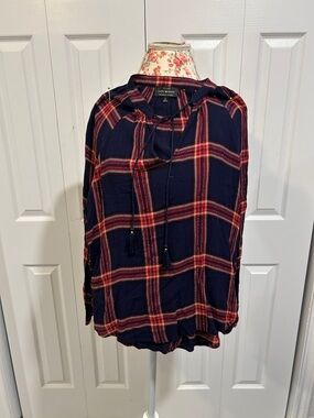 Lucky Brand Navy Plaid Long-Sleeve Peasant Blouse